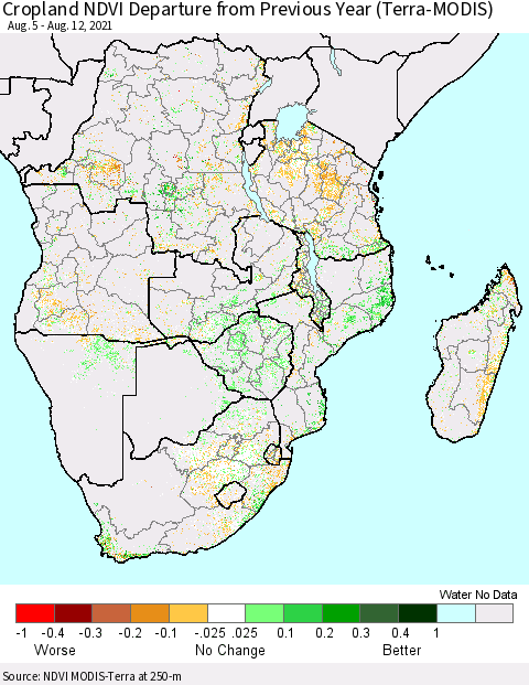 Southern Africa Cropland NDVI Departure from Previous Year (Terra-MODIS) Thematic Map For 8/5/2021 - 8/12/2021