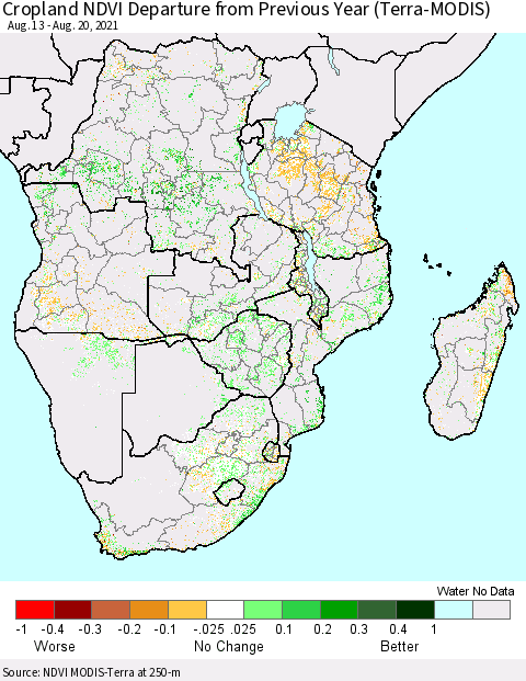 Southern Africa Cropland NDVI Departure from Previous Year (Terra-MODIS) Thematic Map For 8/13/2021 - 8/20/2021