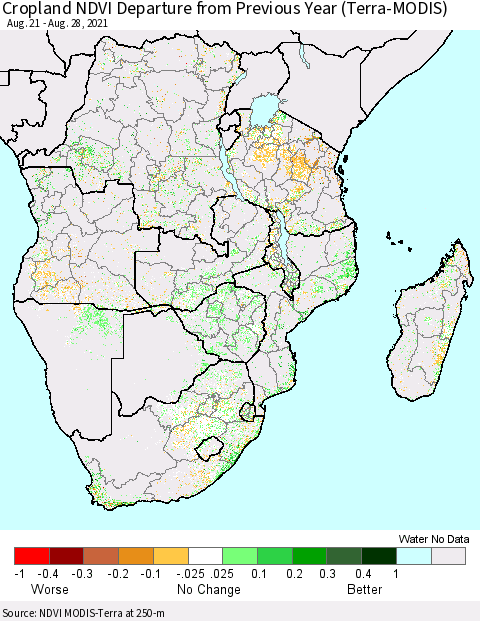 Southern Africa Cropland NDVI Departure from Previous Year (Terra-MODIS) Thematic Map For 8/21/2021 - 8/28/2021