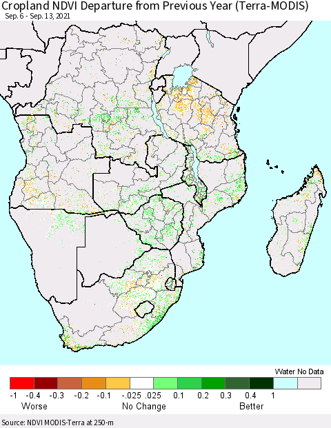 Southern Africa Cropland NDVI Departure from Previous Year (Terra-MODIS) Thematic Map For 9/6/2021 - 9/13/2021
