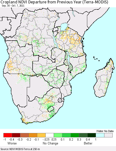 Southern Africa Cropland NDVI Departure from Previous Year (Terra-MODIS) Thematic Map For 9/30/2021 - 10/7/2021