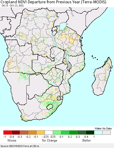 Southern Africa Cropland NDVI Departure from Previous Year (Terra-MODIS) Thematic Map For 10/8/2021 - 10/15/2021