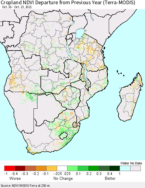 Southern Africa Cropland NDVI Departure from Previous Year (Terra-MODIS) Thematic Map For 10/16/2021 - 10/23/2021