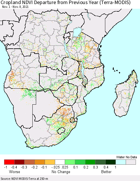 Southern Africa Cropland NDVI Departure from Previous Year (Terra-MODIS) Thematic Map For 11/1/2021 - 11/8/2021