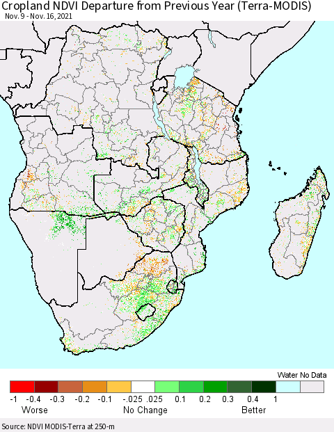 Southern Africa Cropland NDVI Departure from Previous Year (Terra-MODIS) Thematic Map For 11/9/2021 - 11/16/2021