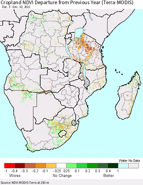 Southern Africa Cropland NDVI Departure from Previous Year (Terra-MODIS) Thematic Map For 12/3/2021 - 12/10/2021