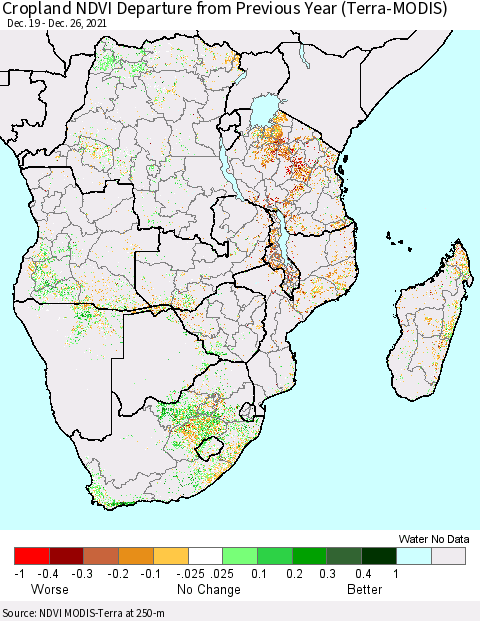 Southern Africa Cropland NDVI Departure from Previous Year (Terra-MODIS) Thematic Map For 12/19/2021 - 12/26/2021