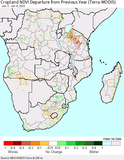 Southern Africa Cropland NDVI Departure from Previous Year (Terra-MODIS) Thematic Map For 1/1/2022 - 1/8/2022