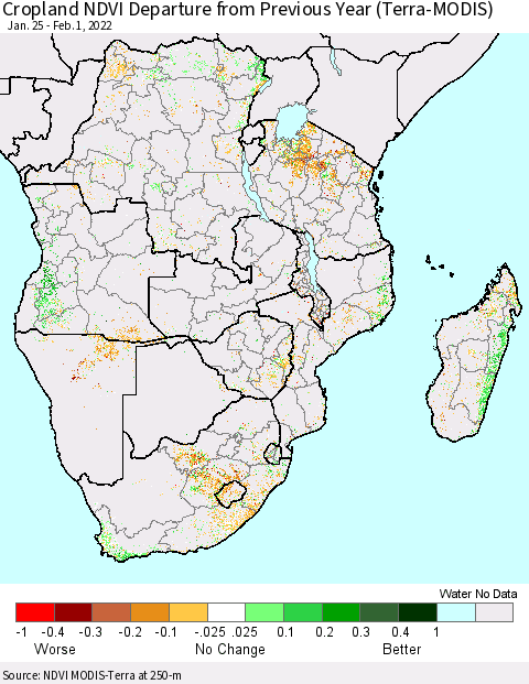 Southern Africa Cropland NDVI Departure from Previous Year (Terra-MODIS) Thematic Map For 1/25/2022 - 2/1/2022