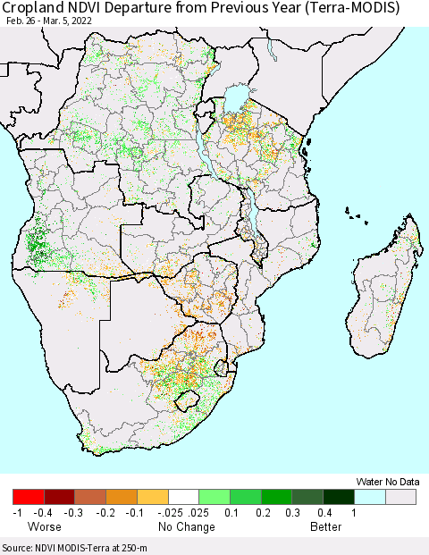 Southern Africa Cropland NDVI Departure from Previous Year (Terra-MODIS) Thematic Map For 2/26/2022 - 3/5/2022
