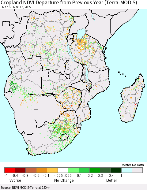 Southern Africa Cropland NDVI Departure from Previous Year (Terra-MODIS) Thematic Map For 3/6/2022 - 3/13/2022