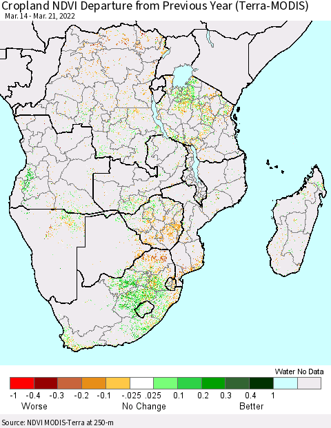 Southern Africa Cropland NDVI Departure from Previous Year (Terra-MODIS) Thematic Map For 3/14/2022 - 3/21/2022