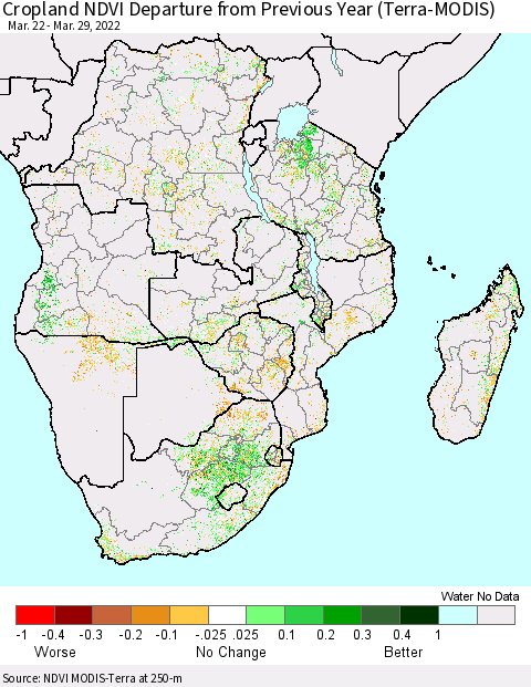 Southern Africa Cropland NDVI Departure from Previous Year (Terra-MODIS) Thematic Map For 3/22/2022 - 3/29/2022