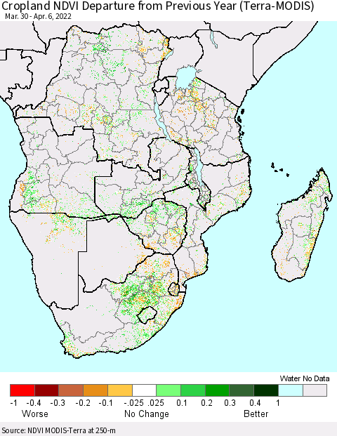 Southern Africa Cropland NDVI Departure from Previous Year (Terra-MODIS) Thematic Map For 3/30/2022 - 4/6/2022