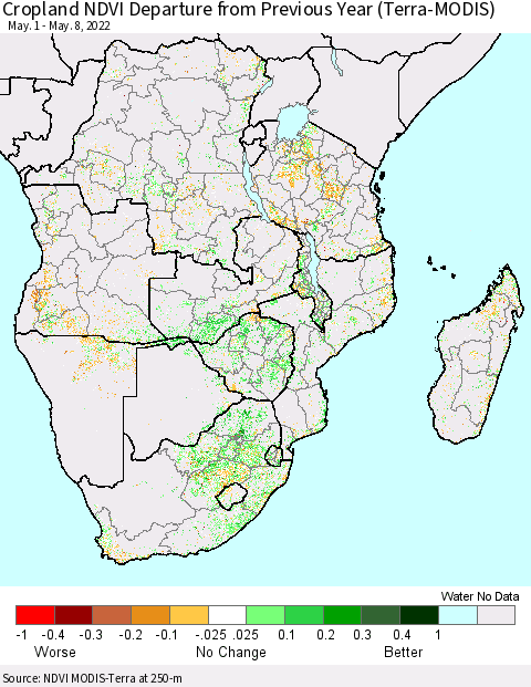 Southern Africa Cropland NDVI Departure from Previous Year (Terra-MODIS) Thematic Map For 5/1/2022 - 5/8/2022