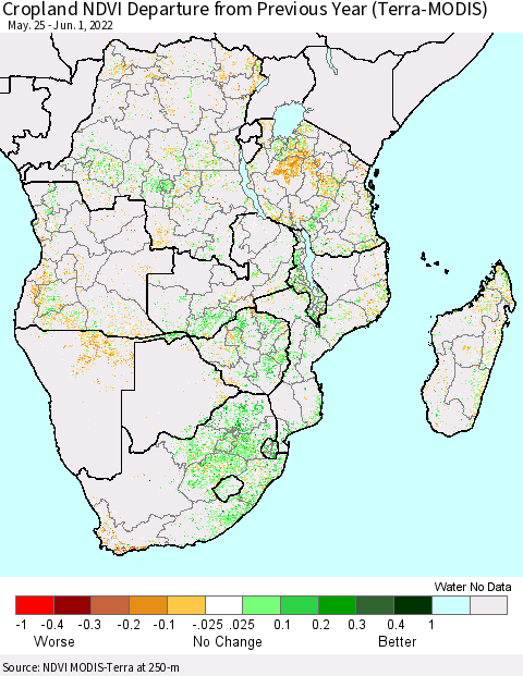 Southern Africa Cropland NDVI Departure from Previous Year (Terra-MODIS) Thematic Map For 5/25/2022 - 6/1/2022