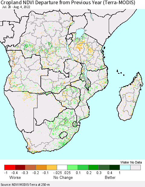 Southern Africa Cropland NDVI Departure from Previous Year (Terra-MODIS) Thematic Map For 7/28/2022 - 8/4/2022