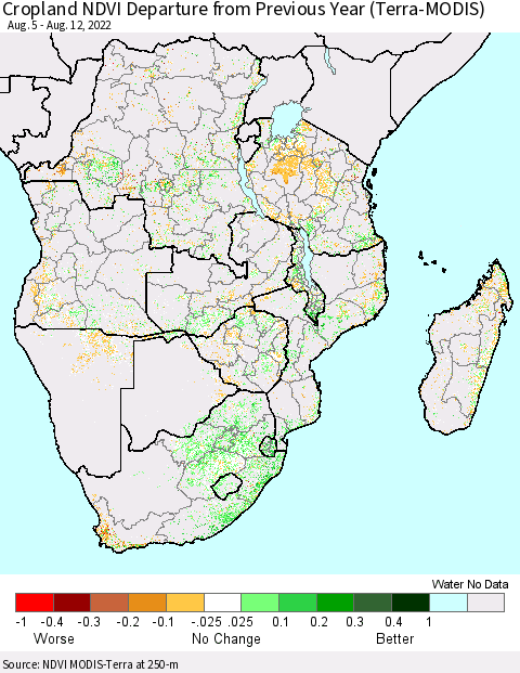 Southern Africa Cropland NDVI Departure from Previous Year (Terra-MODIS) Thematic Map For 8/5/2022 - 8/12/2022