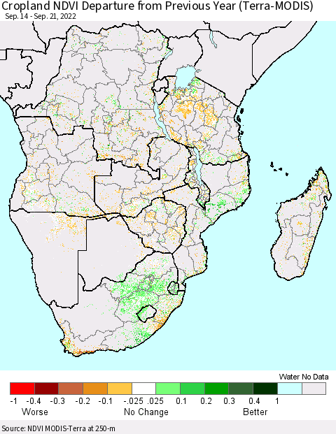 Southern Africa Cropland NDVI Departure from Previous Year (Terra-MODIS) Thematic Map For 9/14/2022 - 9/21/2022