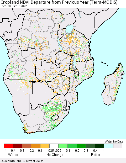 Southern Africa Cropland NDVI Departure from Previous Year (Terra-MODIS) Thematic Map For 9/30/2022 - 10/7/2022