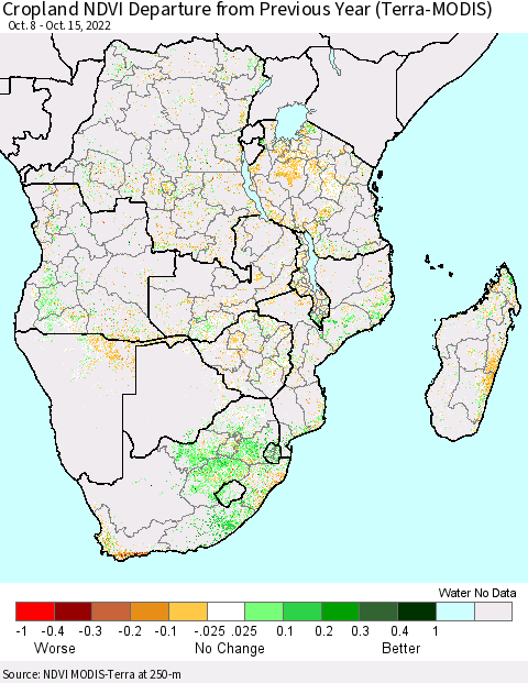 Southern Africa Cropland NDVI Departure from Previous Year (Terra-MODIS) Thematic Map For 10/8/2022 - 10/15/2022