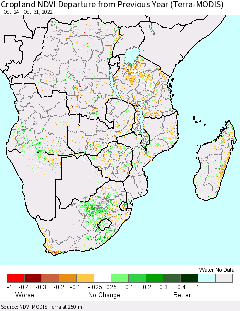 Southern Africa Cropland NDVI Departure from Previous Year (Terra-MODIS) Thematic Map For 10/24/2022 - 10/31/2022