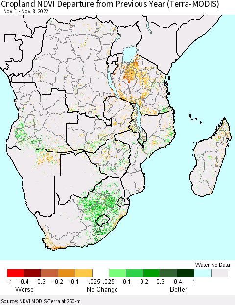 Southern Africa Cropland NDVI Departure from Previous Year (Terra-MODIS) Thematic Map For 11/1/2022 - 11/8/2022