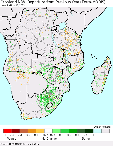 Southern Africa Cropland NDVI Departure from Previous Year (Terra-MODIS) Thematic Map For 11/9/2022 - 11/16/2022