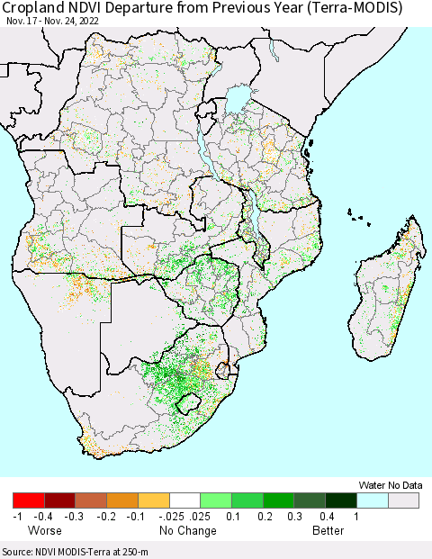 Southern Africa Cropland NDVI Departure from Previous Year (Terra-MODIS) Thematic Map For 11/17/2022 - 11/24/2022