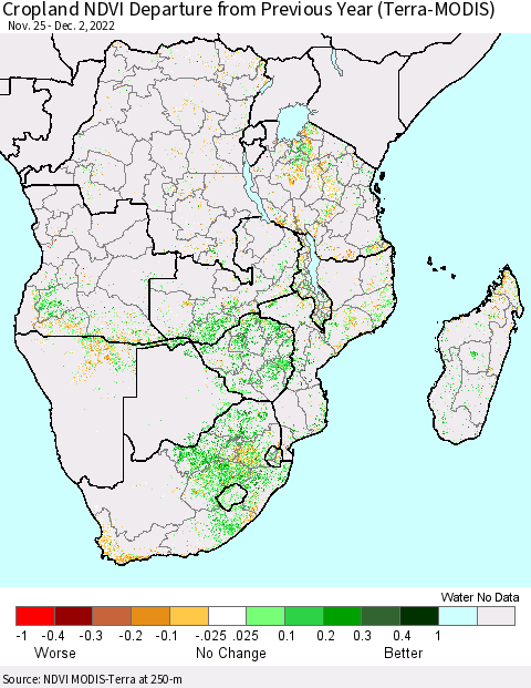 Southern Africa Cropland NDVI Departure from Previous Year (Terra-MODIS) Thematic Map For 11/25/2022 - 12/2/2022