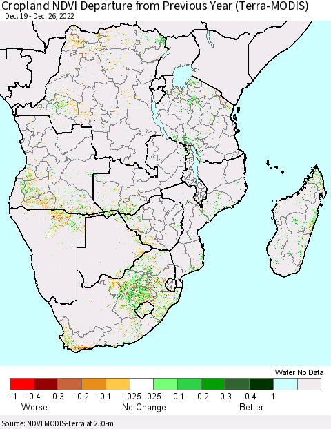 Southern Africa Cropland NDVI Departure from Previous Year (Terra-MODIS) Thematic Map For 12/19/2022 - 12/26/2022