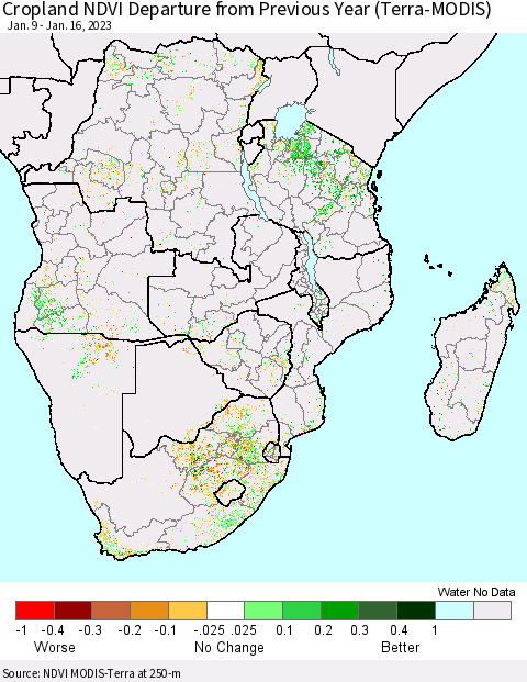 Southern Africa Cropland NDVI Departure from Previous Year (Terra-MODIS) Thematic Map For 1/9/2023 - 1/16/2023