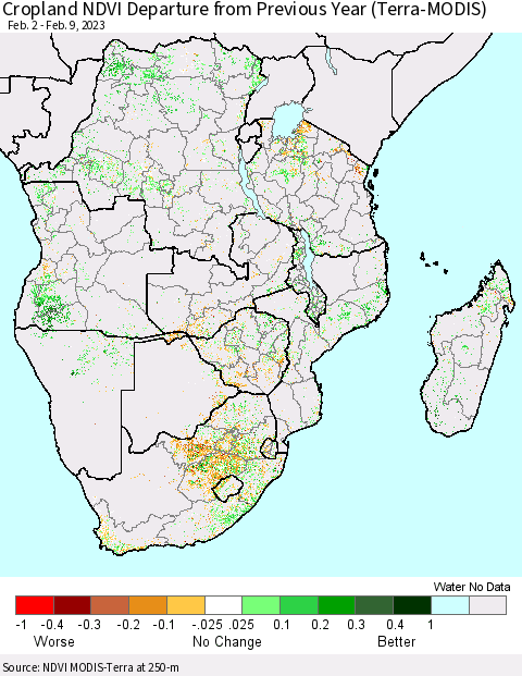 Southern Africa Cropland NDVI Departure from Previous Year (Terra-MODIS) Thematic Map For 2/2/2023 - 2/9/2023