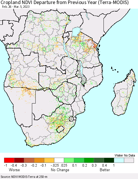 Southern Africa Cropland NDVI Departure from Previous Year (Terra-MODIS) Thematic Map For 2/26/2023 - 3/5/2023
