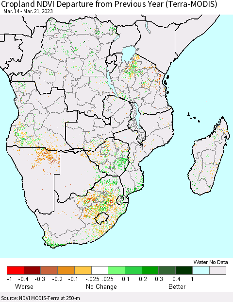 Southern Africa Cropland NDVI Departure from Previous Year (Terra-MODIS) Thematic Map For 3/14/2023 - 3/21/2023