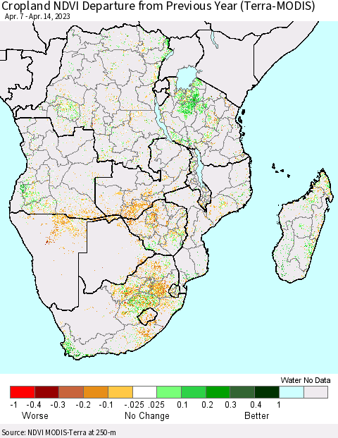 Southern Africa Cropland NDVI Departure from Previous Year (Terra-MODIS) Thematic Map For 4/7/2023 - 4/14/2023