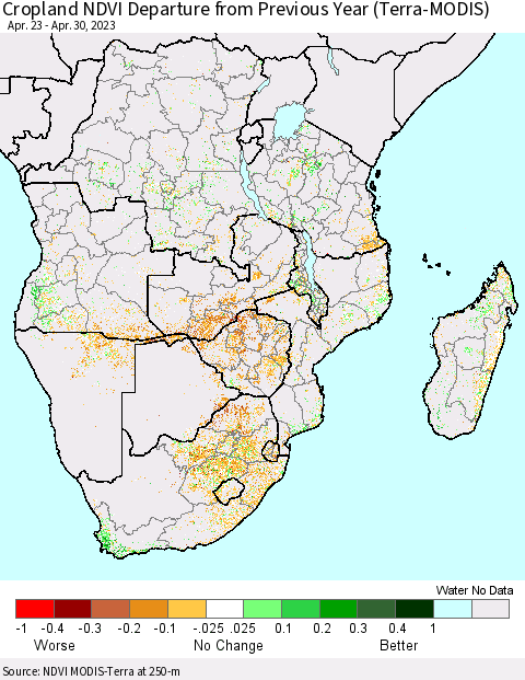 Southern Africa Cropland NDVI Departure from Previous Year (Terra-MODIS) Thematic Map For 4/23/2023 - 4/30/2023
