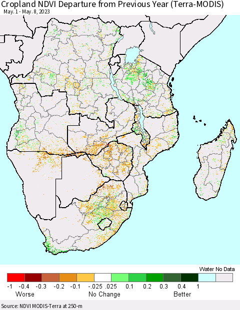 Southern Africa Cropland NDVI Departure from Previous Year (Terra-MODIS) Thematic Map For 5/1/2023 - 5/8/2023