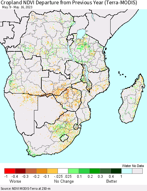 Southern Africa Cropland NDVI Departure from Previous Year (Terra-MODIS) Thematic Map For 5/9/2023 - 5/16/2023