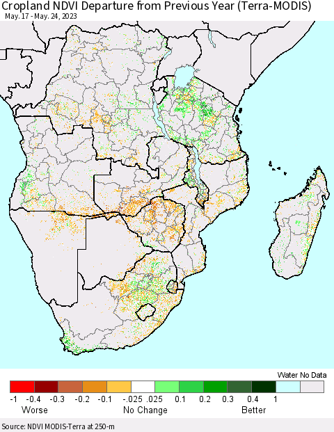 Southern Africa Cropland NDVI Departure from Previous Year (Terra-MODIS) Thematic Map For 5/17/2023 - 5/24/2023