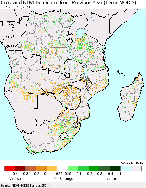 Southern Africa Cropland NDVI Departure from Previous Year (Terra-MODIS) Thematic Map For 6/2/2023 - 6/9/2023
