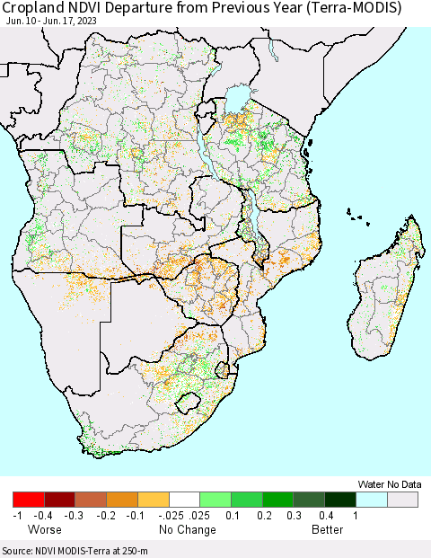 Southern Africa Cropland NDVI Departure from Previous Year (Terra-MODIS) Thematic Map For 6/10/2023 - 6/17/2023