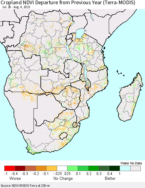 Southern Africa Cropland NDVI Departure from Previous Year (Terra-MODIS) Thematic Map For 7/28/2023 - 8/4/2023