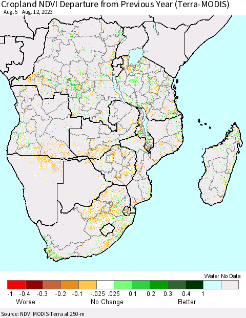 Southern Africa Cropland NDVI Departure from Previous Year (Terra-MODIS) Thematic Map For 8/5/2023 - 8/12/2023