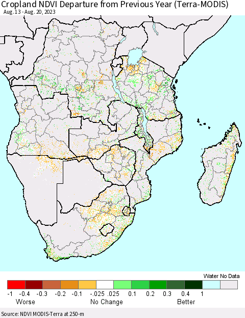Southern Africa Cropland NDVI Departure from Previous Year (Terra-MODIS) Thematic Map For 8/13/2023 - 8/20/2023
