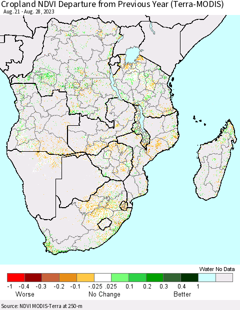 Southern Africa Cropland NDVI Departure from Previous Year (Terra-MODIS) Thematic Map For 8/21/2023 - 8/28/2023