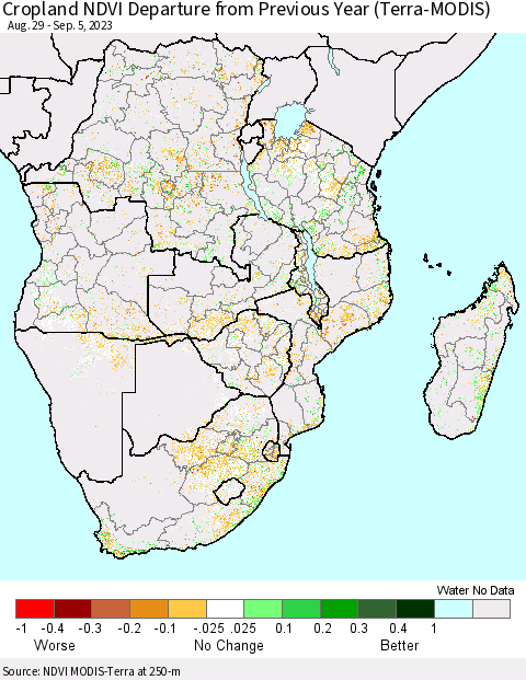 Southern Africa Cropland NDVI Departure from Previous Year (Terra-MODIS) Thematic Map For 8/29/2023 - 9/5/2023
