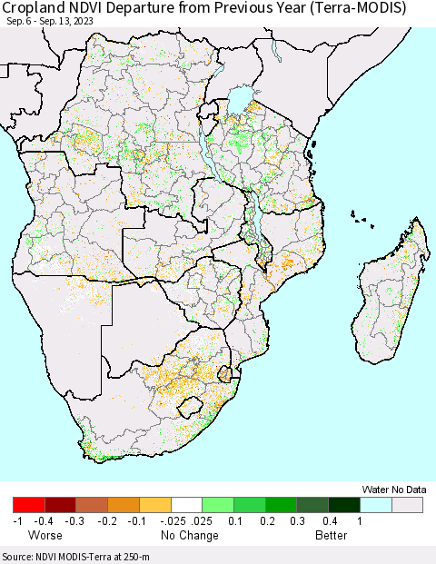 Southern Africa Cropland NDVI Departure from Previous Year (Terra-MODIS) Thematic Map For 9/6/2023 - 9/13/2023