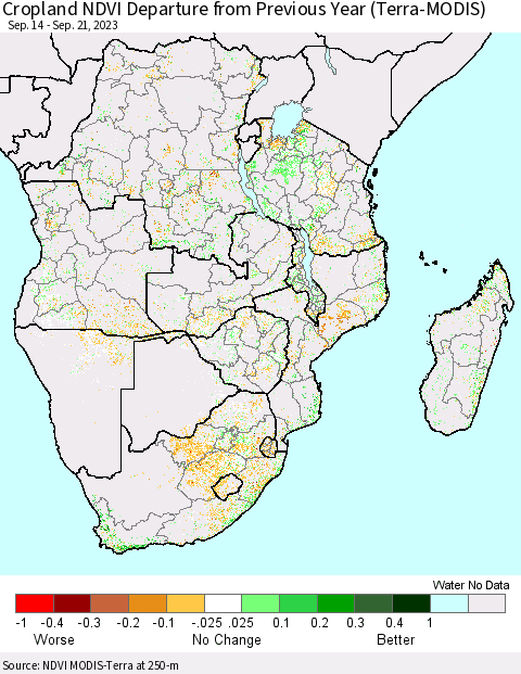 Southern Africa Cropland NDVI Departure from Previous Year (Terra-MODIS) Thematic Map For 9/14/2023 - 9/21/2023