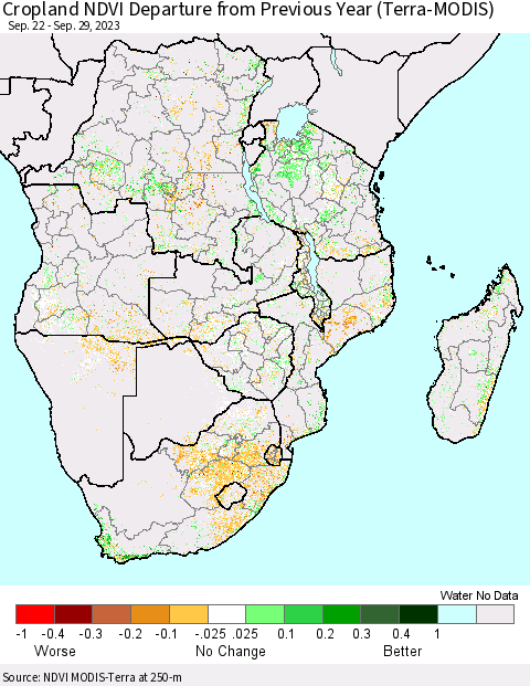 Southern Africa Cropland NDVI Departure from Previous Year (Terra-MODIS) Thematic Map For 9/22/2023 - 9/29/2023